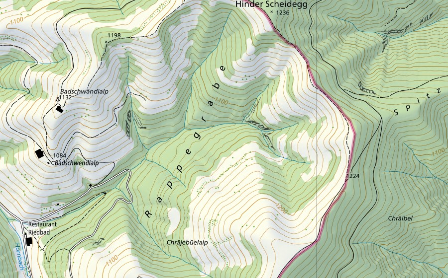 swisstopo national map showing the protected perimeter of Rappengraben-Wasen, Riedbad (Hydrological station)