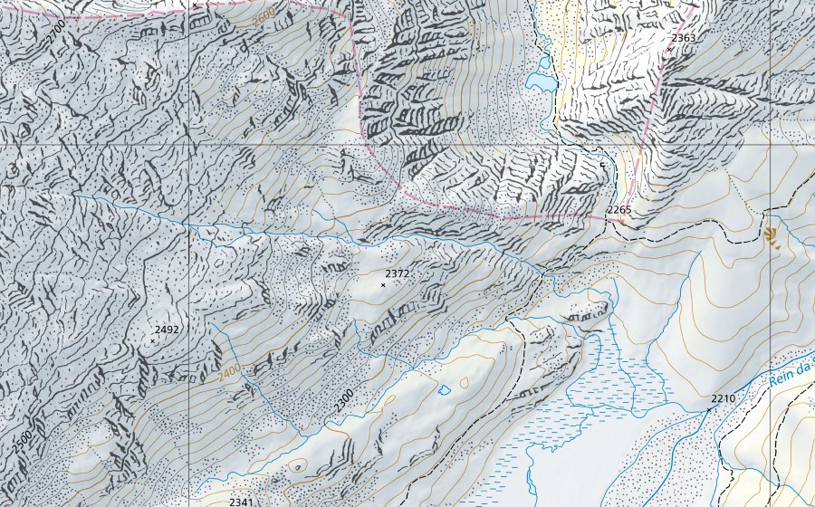 Landeskarte swisstopo mit dem Schutzperimeter von Rein da Sumvitg-Sumvitg, Encardens (Hydromessstation)