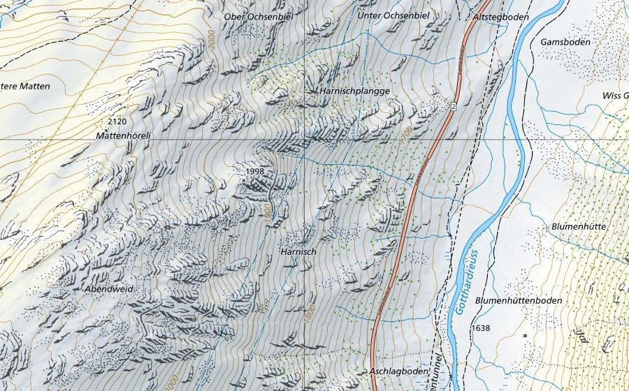 Landeskarte swisstopo mit dem Schutzperimeter von Reuss-Andermatt (Hydromessstation)