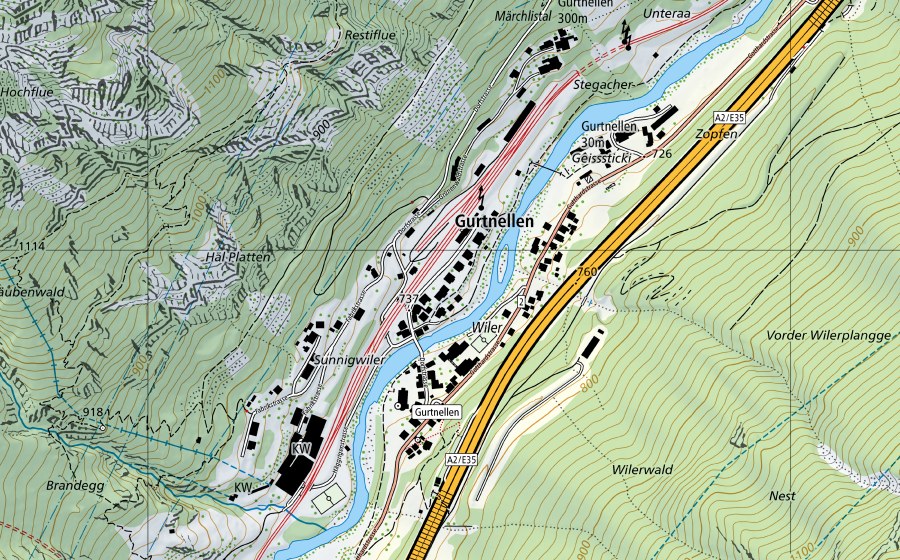 Landeskarte swisstopo mit dem Schutzperimeter von Reuss-Seedorf (Hydromessstation)
