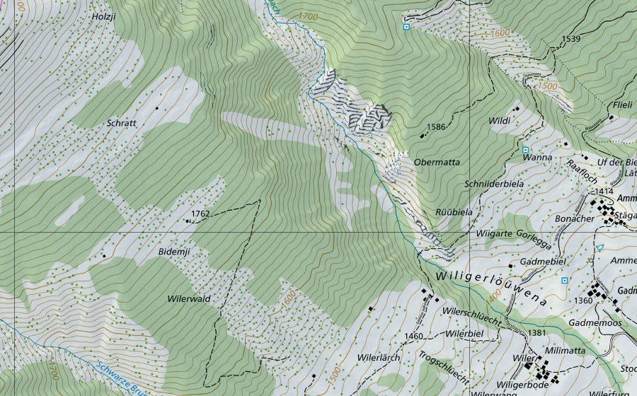 Landeskarte swisstopo mit dem Schutzperimeter von Rhone-Brig (Hydromessstation)