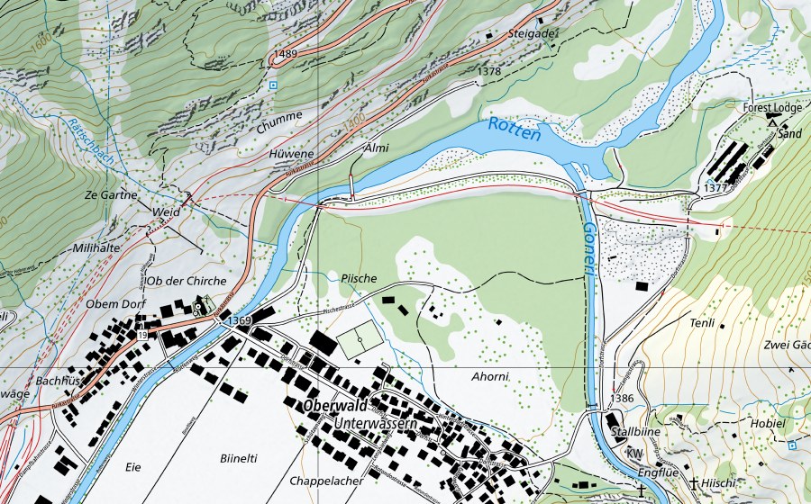 Landeskarte swisstopo mit dem Schutzperimeter von Rhone-Reckingen (Hydromessstation)