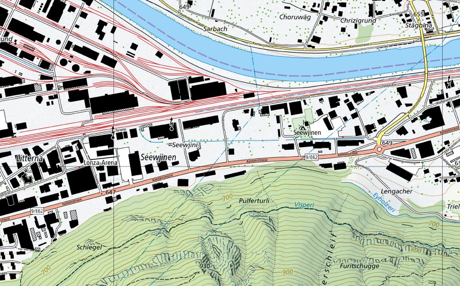 swisstopo national map showing the protected perimeter of Rhône-Sion (Hydrological station)