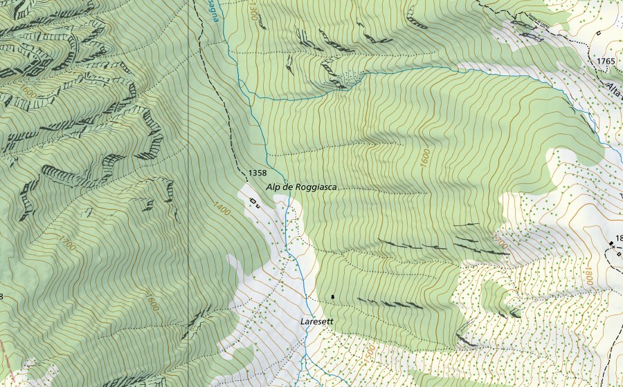 Landeskarte swisstopo mit dem Schutzperimeter von Riale di Roggiasca-Roveredo, Bacino di compenso (Hydromessstation)