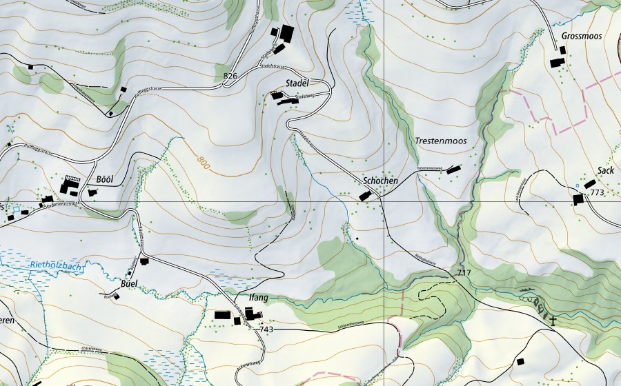 Landeskarte swisstopo mit dem Schutzperimeter von Rietholzbach-Mosnang, Rietholz (Hydromessstation)