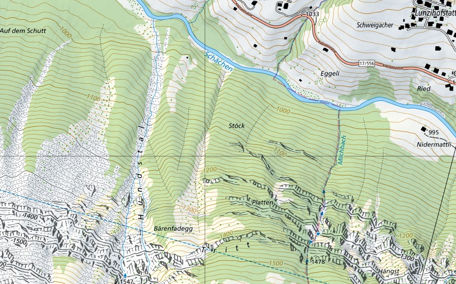 Carte nationale swisstopo avec le périmètre protégé de Schächen-Bürglen, Galgenwäldli, nur Hauptstation (Station hydrométrique)