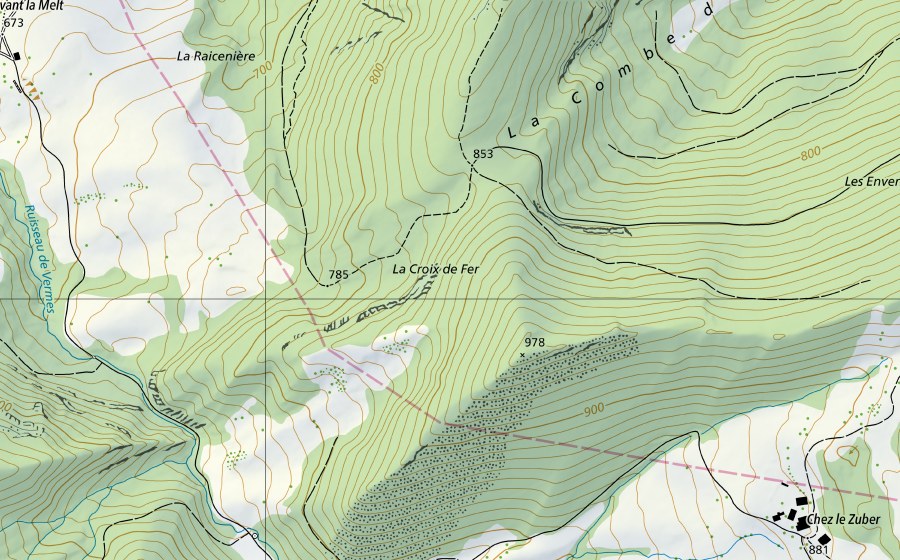 Landeskarte swisstopo mit dem Schutzperimeter von Scheulte-Vicques (Hydromessstation)