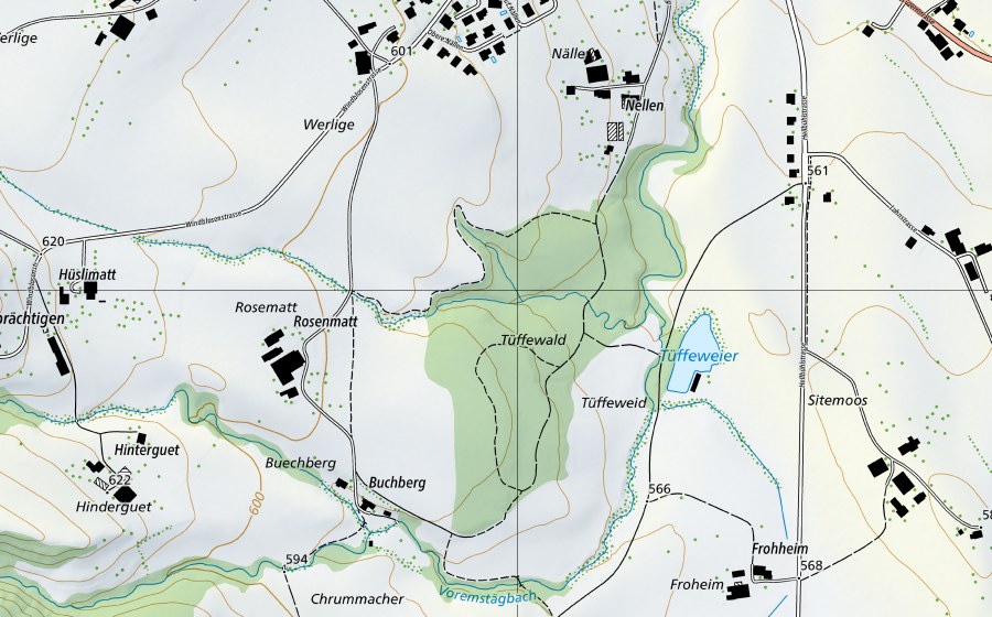 Landeskarte swisstopo mit dem Schutzperimeter von Sellenbodenbach-Neuenkirch (Hydromessstation)