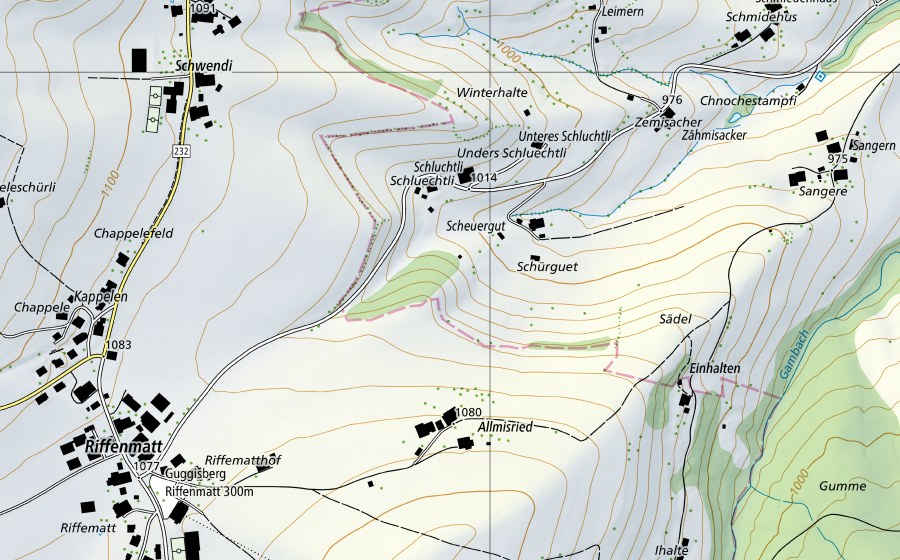swisstopo national map showing the protected perimeter of Sense-Thörishaus, Sensematt (Hydrological station)