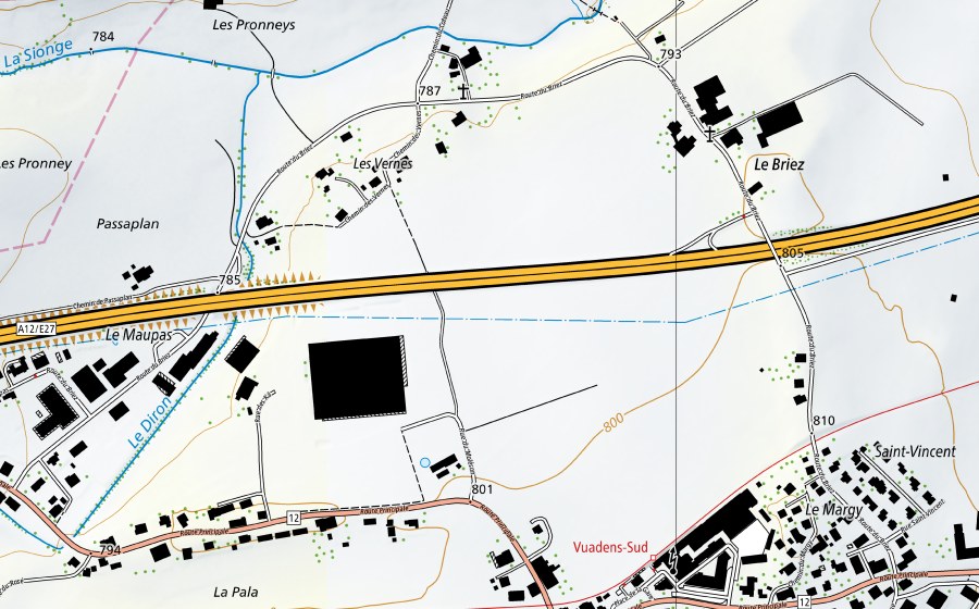 swisstopo national map showing the protected perimeter of Sionge-Vuippens, Château (Hydrological station)