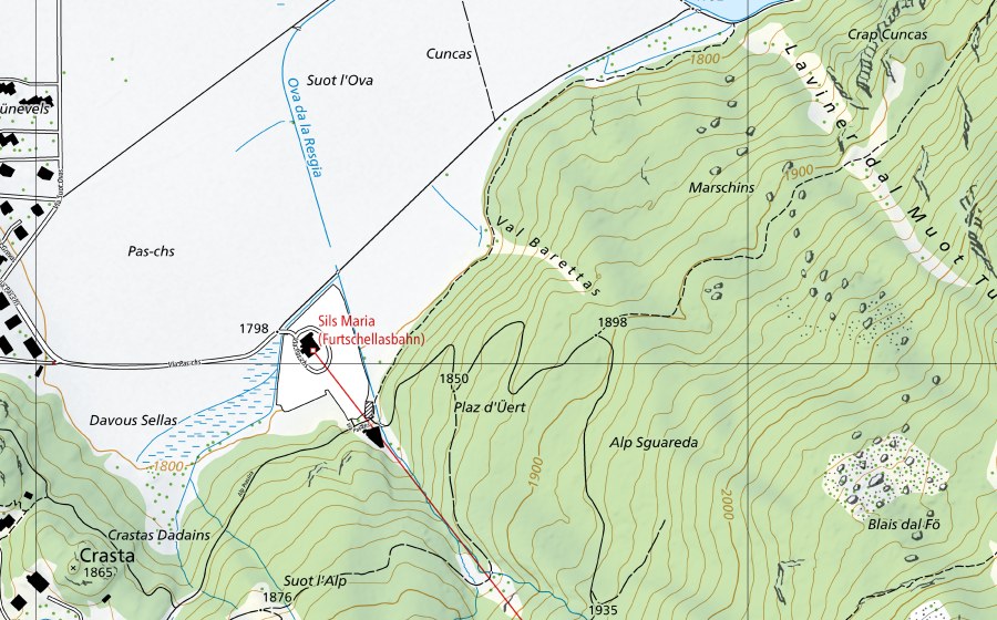 swisstopo national map showing the protected perimeter of St. Moritzersee-St. Moritz (Hydrological station)