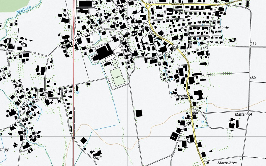 swisstopo national map showing the protected perimeter of Strackbach-Gerlafingen (Hydrological station)