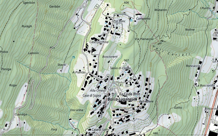 swisstopo national map showing the protected perimeter of Vecchio Vedeggio-Bioggio, Campagna (Hydrological station)
