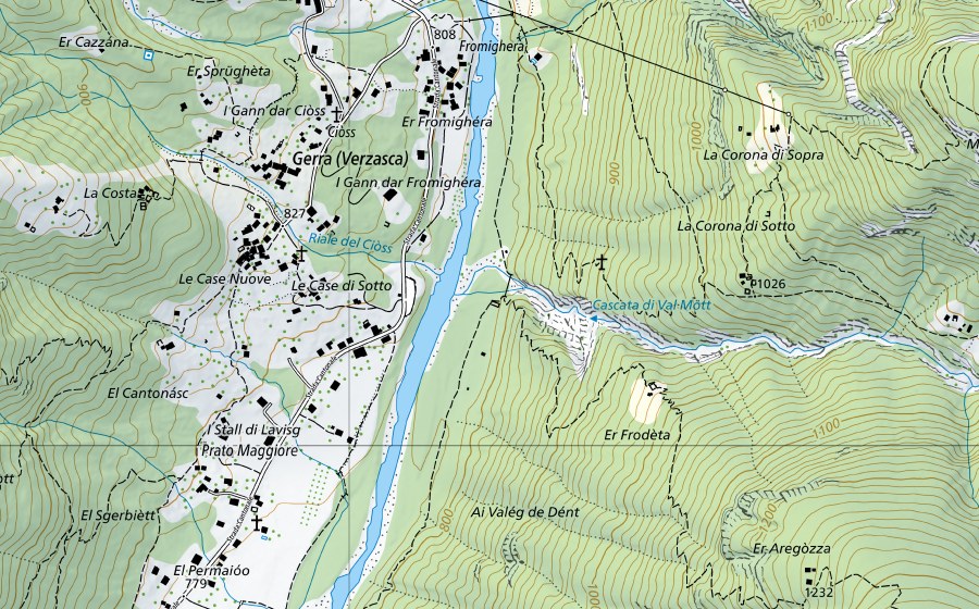 Landeskarte swisstopo mit dem Schutzperimeter von Verzasca-Lavertezzo, Campiòi (Hydromessstation)