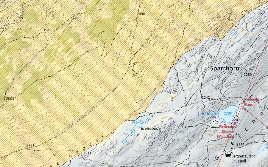 swisstopo national map showing the protected perimeter of Aletschwald (Federal hunting reserve)