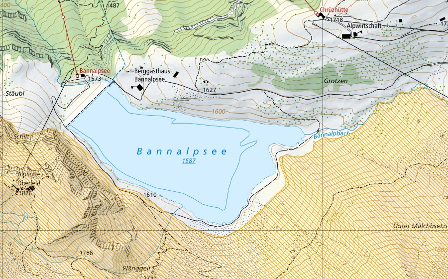 Carte nationale swisstopo avec le périmètre protégé de Bannalp-Walenstöcke (District franc fédéral)