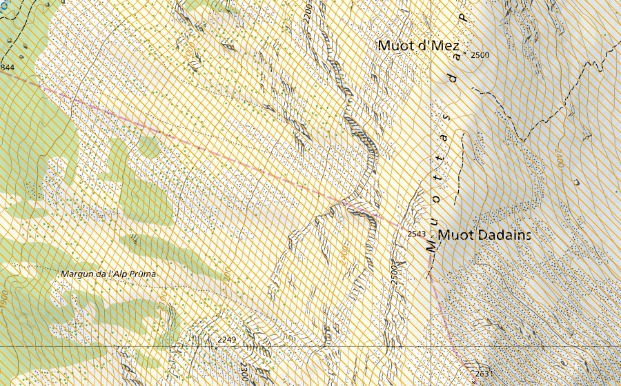 swisstopo national map showing the protected perimeter of Bernina-Albris (Federal hunting reserve)