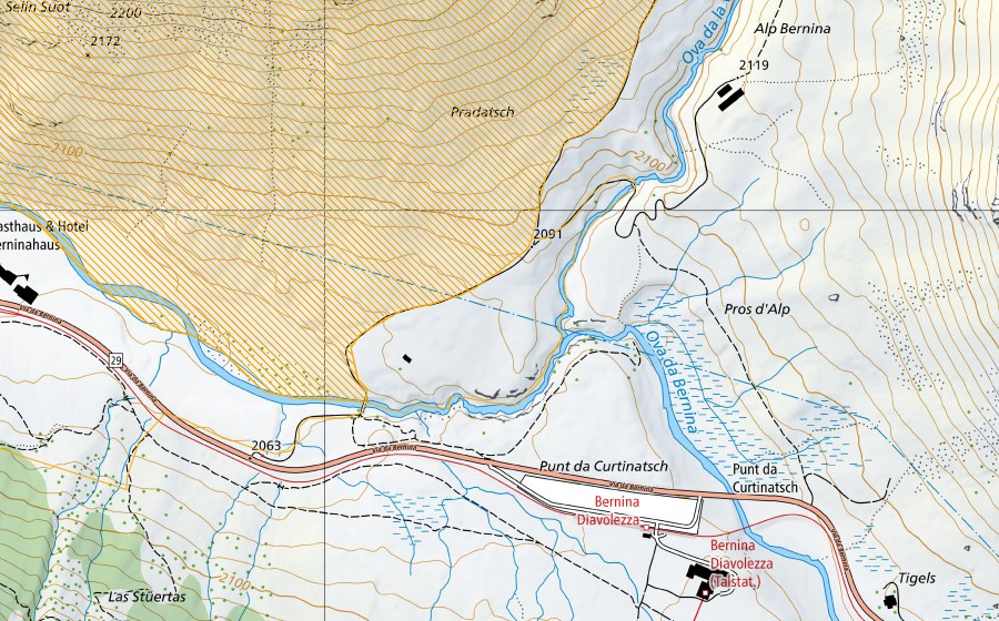 swisstopo national map showing the protected perimeter of Bernina-Albris (Federal hunting reserve)