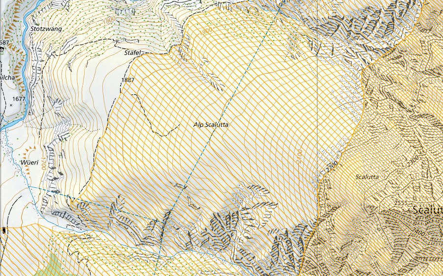 swisstopo national map showing the protected perimeter of Beverin (Federal hunting reserve)