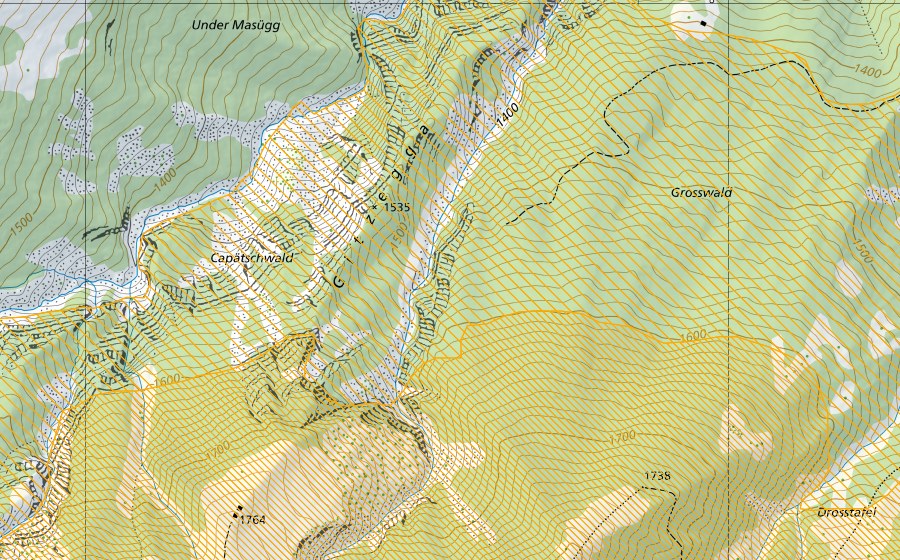 Carte nationale swisstopo avec le périmètre protégé de Beverin (District franc fédéral)