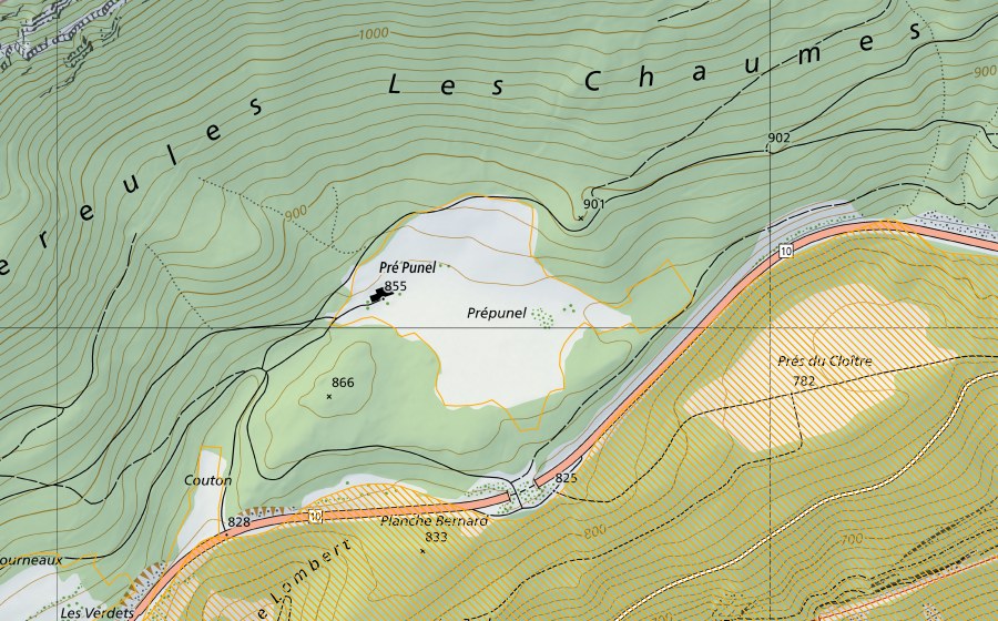 swisstopo national map showing the protected perimeter of Creux-du-Van (Federal hunting reserve)