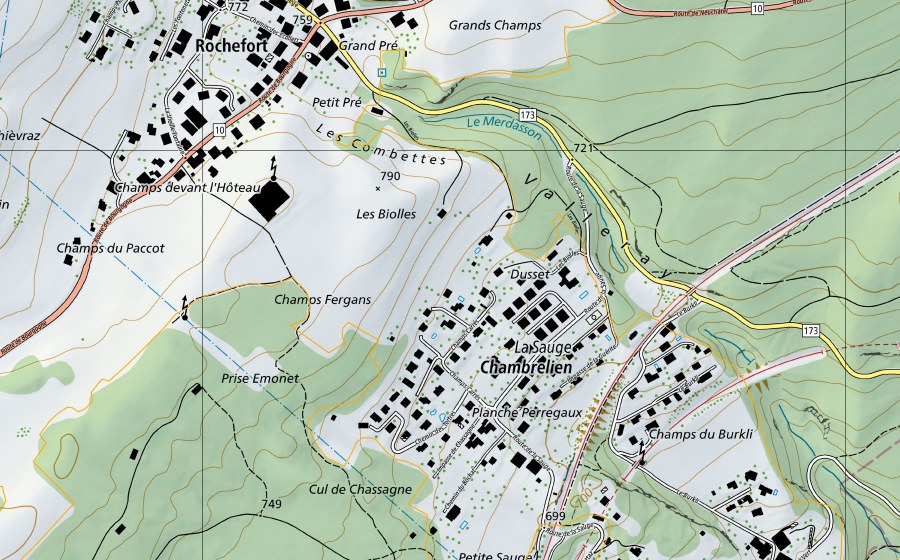 Carte nationale swisstopo avec le périmètre protégé de Creux-du-Van (District franc fédéral)