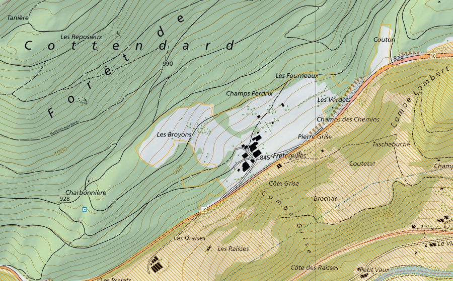 swisstopo national map showing the protected perimeter of Creux-du-Van (Federal hunting reserve)