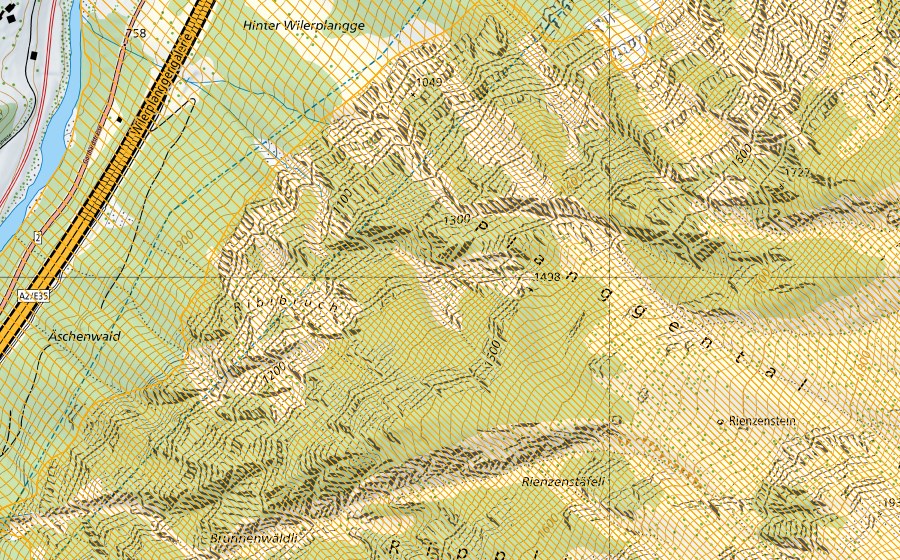 swisstopo national map showing the protected perimeter of Fellital (Federal hunting reserve)
