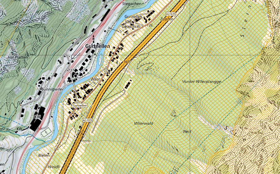 swisstopo national map showing the protected perimeter of Fellital (Federal hunting reserve)