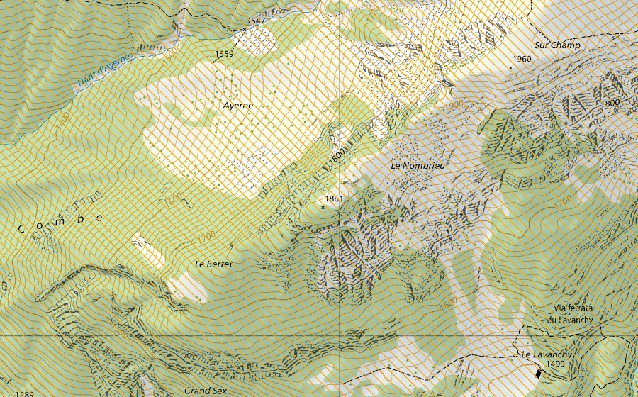swisstopo national map showing the protected perimeter of Grand Muveran (Federal hunting reserve)