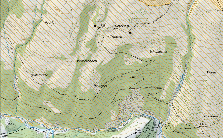 swisstopo national map showing the protected perimeter of Graue Hörner (Federal hunting reserve)