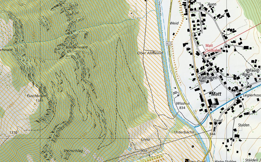 swisstopo national map showing the protected perimeter of Kärpf (Federal hunting reserve)