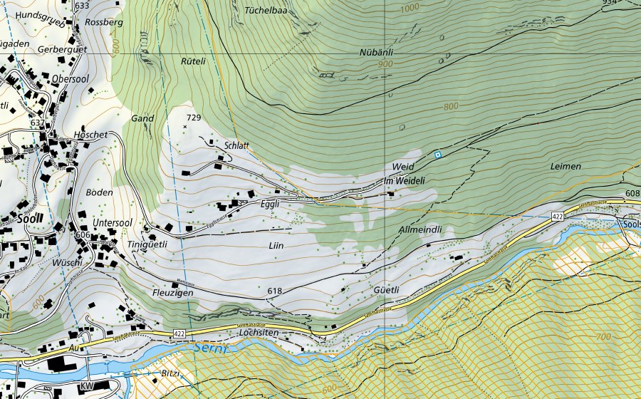 swisstopo national map showing the protected perimeter of Kärpf (Federal hunting reserve)