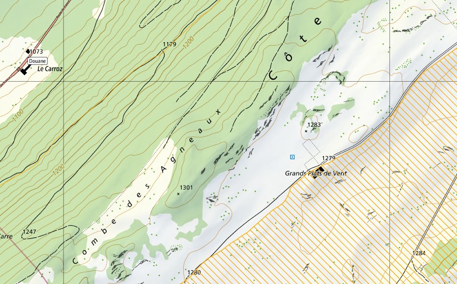 Carte nationale swisstopo avec le périmètre protégé de Le Noirmont (District franc fédéral)