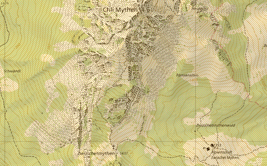 swisstopo national map showing the protected perimeter of Mythen (Federal hunting reserve)