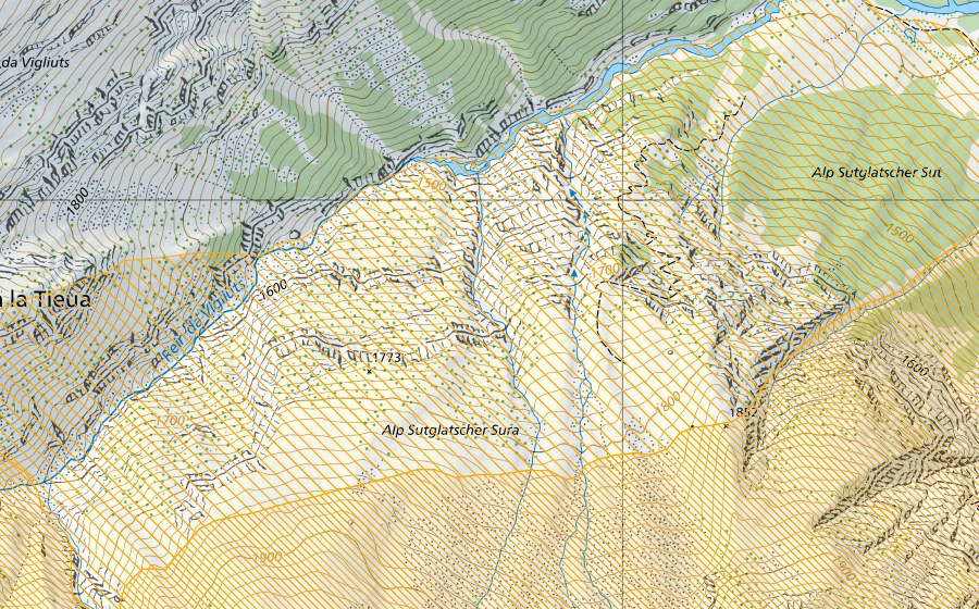 swisstopo national map showing the protected perimeter of Pez Vial/Greina (Federal hunting reserve)