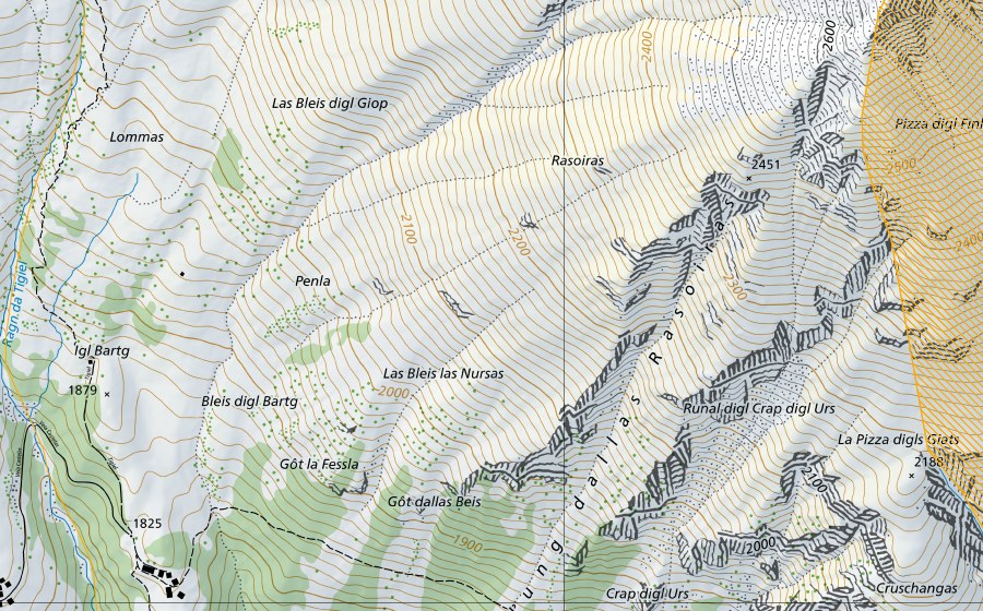 Carte nationale swisstopo avec le périmètre protégé de Piz Ela (District franc fédéral)