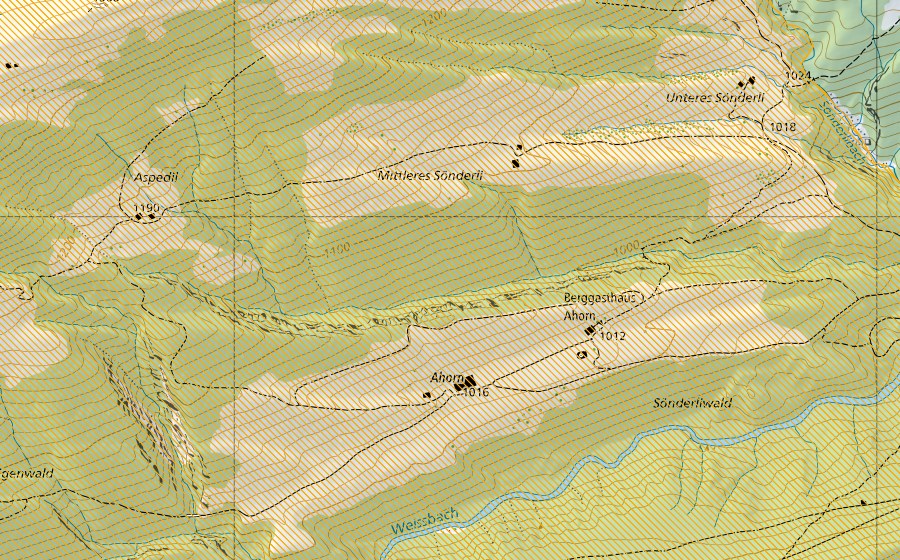 swisstopo national map showing the protected perimeter of Säntis (Federal hunting reserve)