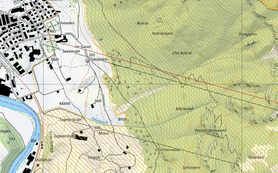 Carte nationale swisstopo avec le périmètre protégé de Schilt (District franc fédéral)
