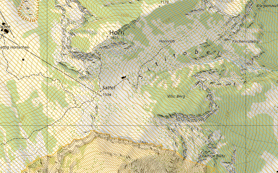 swisstopo national map showing the protected perimeter of Urirotstock (Federal hunting reserve)