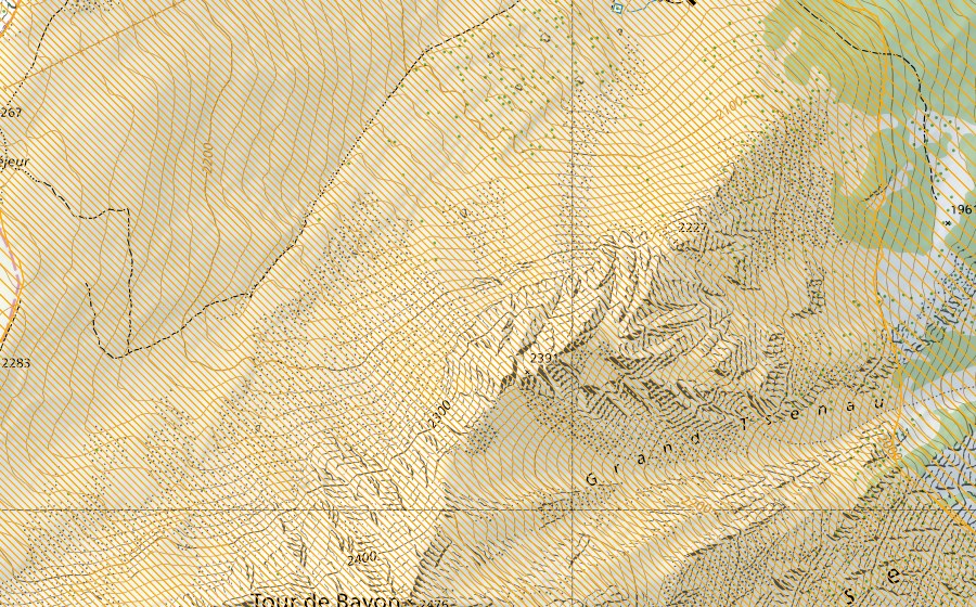 swisstopo national map showing the protected perimeter of Val Ferret / Combe de l'A (Federal hunting reserve)