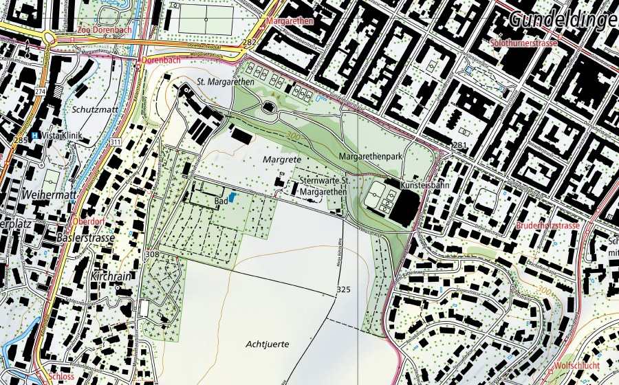 Landeskarte swisstopo mit dem Schutzperimeter von Basel-Binningen (Luftmessstation NABEL)