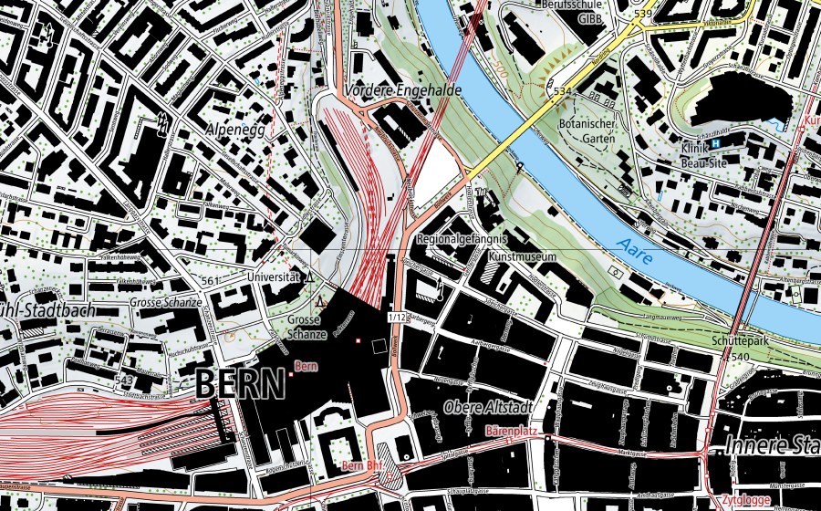 Landeskarte swisstopo mit dem Schutzperimeter von Bern-Bollwerk (Luftmessstation NABEL)