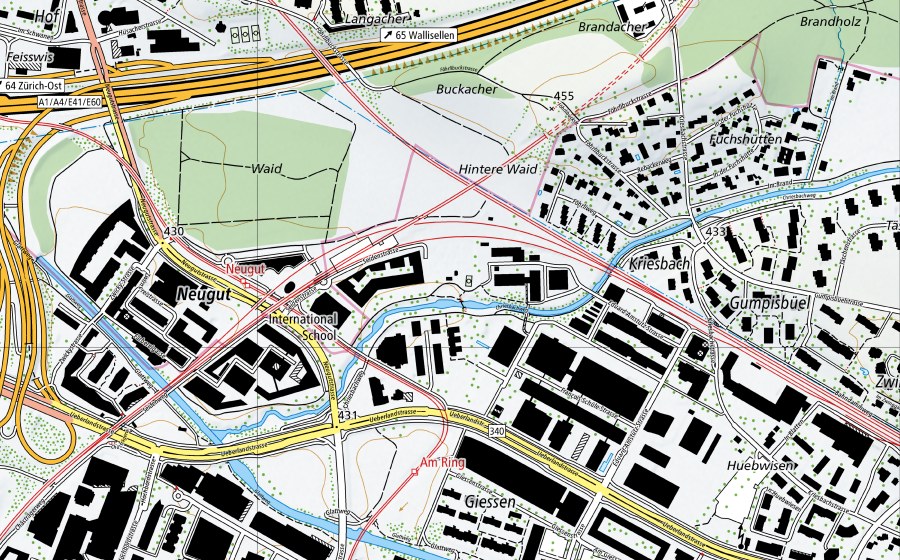 Carte nationale swisstopo avec le périmètre protégé de Duebendorf (Station de mesure NABEL)