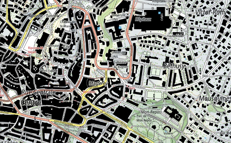 Carte nationale swisstopo avec le périmètre protégé de Lausanne (Station de mesure NABEL)