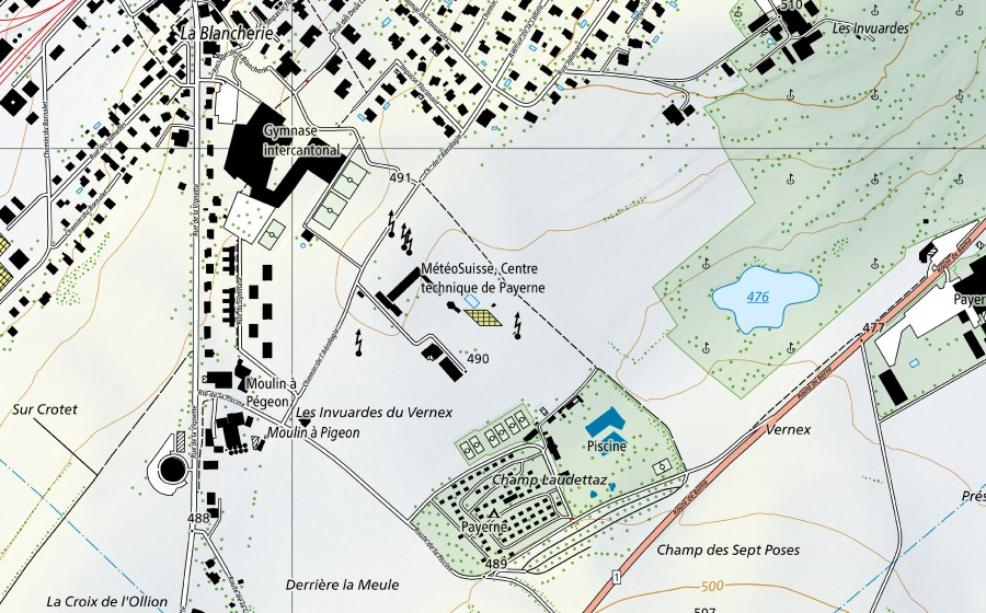 Carte nationale swisstopo avec le périmètre protégé de Payerne (Station de mesure NABEL)