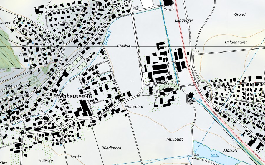 Landeskarte swisstopo mit dem Schutzperimeter von Taenikon (Luftmessstation NABEL)