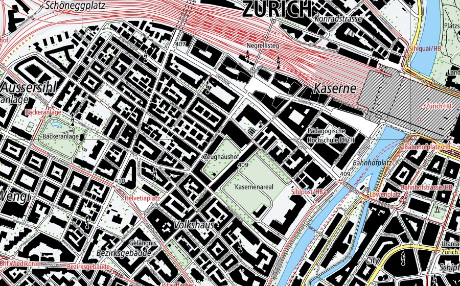 Carte nationale swisstopo avec le périmètre protégé de Zuerich (Station de mesure NABEL)