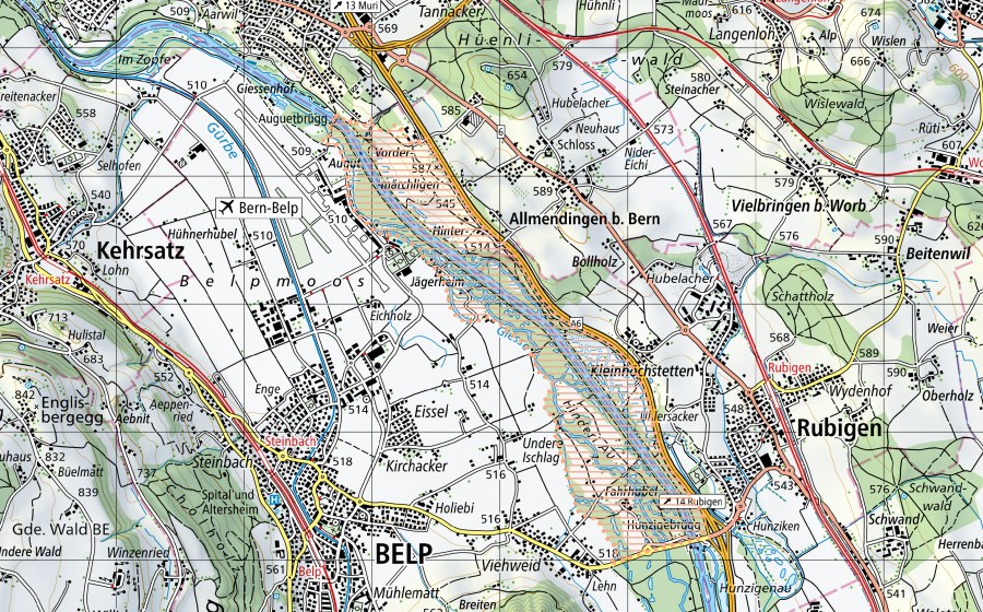 swisstopo national map showing the protected perimeter of Aare/Giessen (Mire landscape)