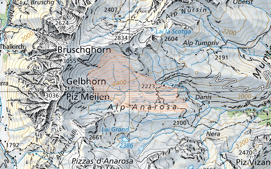 Carta nazionale swisstopo con il perimetro protetto di Alp Anarosa (Paesaggio palustre)